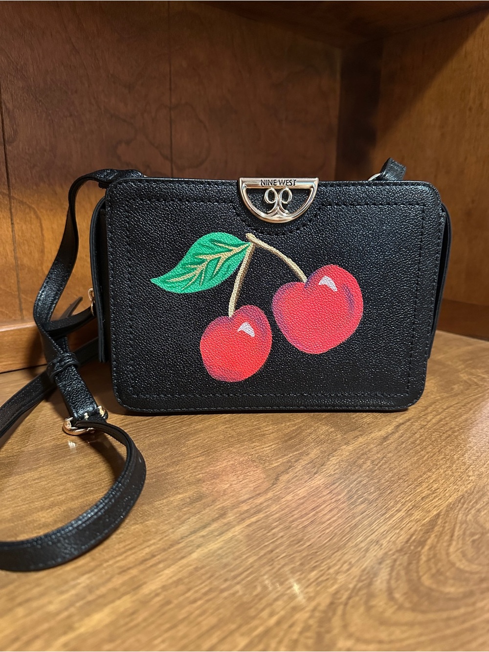 Upcycled Black Crossbody Bag with hand painted Cherry